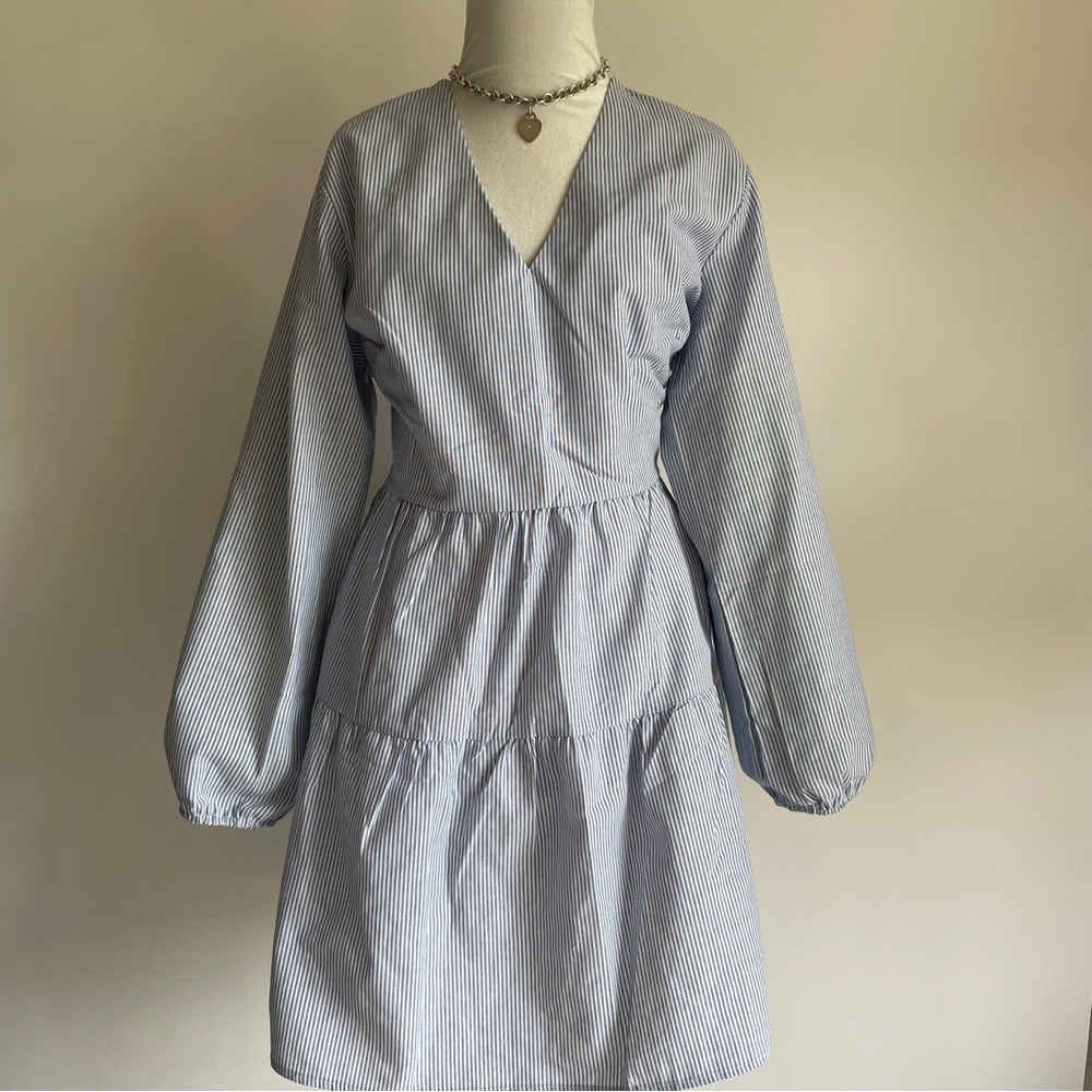 Preppy Blue & White Striped L/S Mini Dress V-Neck Tiered Skirt Cotton Blend